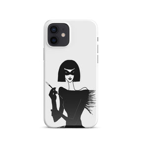 iPhone case with an ink drawing of a 1920's woman in a mask and holding a long cigarette