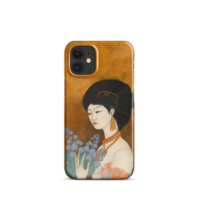 iPhone case with a painted image of a Geisha holding some violets 