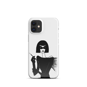 iPhone case with an ink drawing of a 1920's woman in a mask and holding a long cigarette