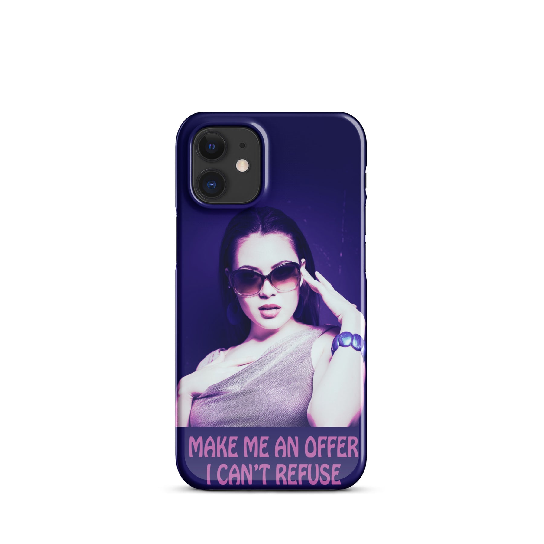 iPhone case with a purple wrap and an image of a young woman in sunglasses. There is pink text that reads Make Me An Offer I Can't Refuse