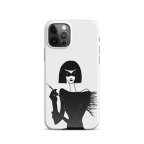 iPhone case with an ink drawing of a 1920's woman in a mask and holding a long cigarette