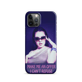 iPhone case with a purple wrap and an image of a young woman in sunglasses. There is pink text that reads Make Me An Offer I Can't Refuse