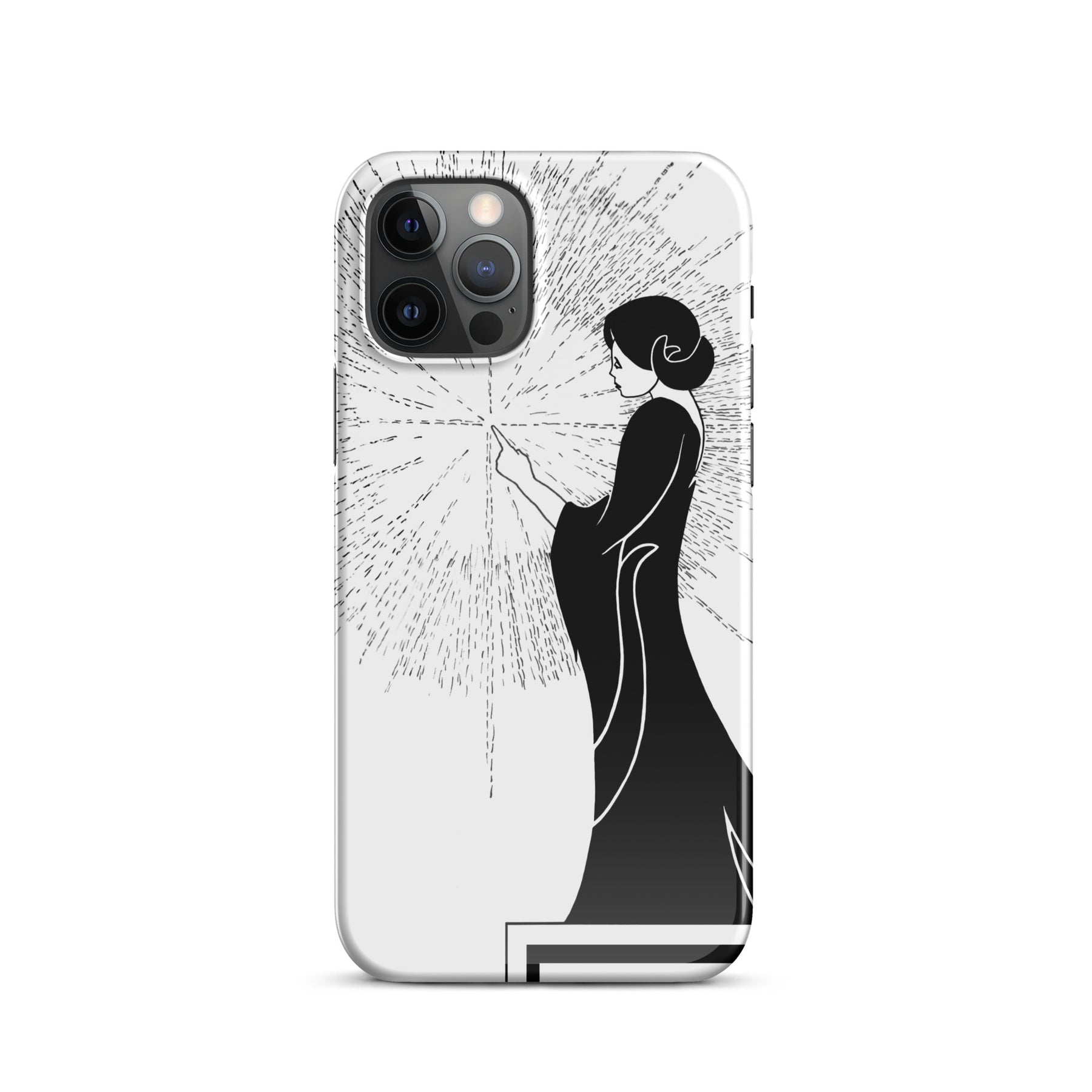 iPhone Case with an ink drawing of a woman touching the spark of creation in an Art Deco style