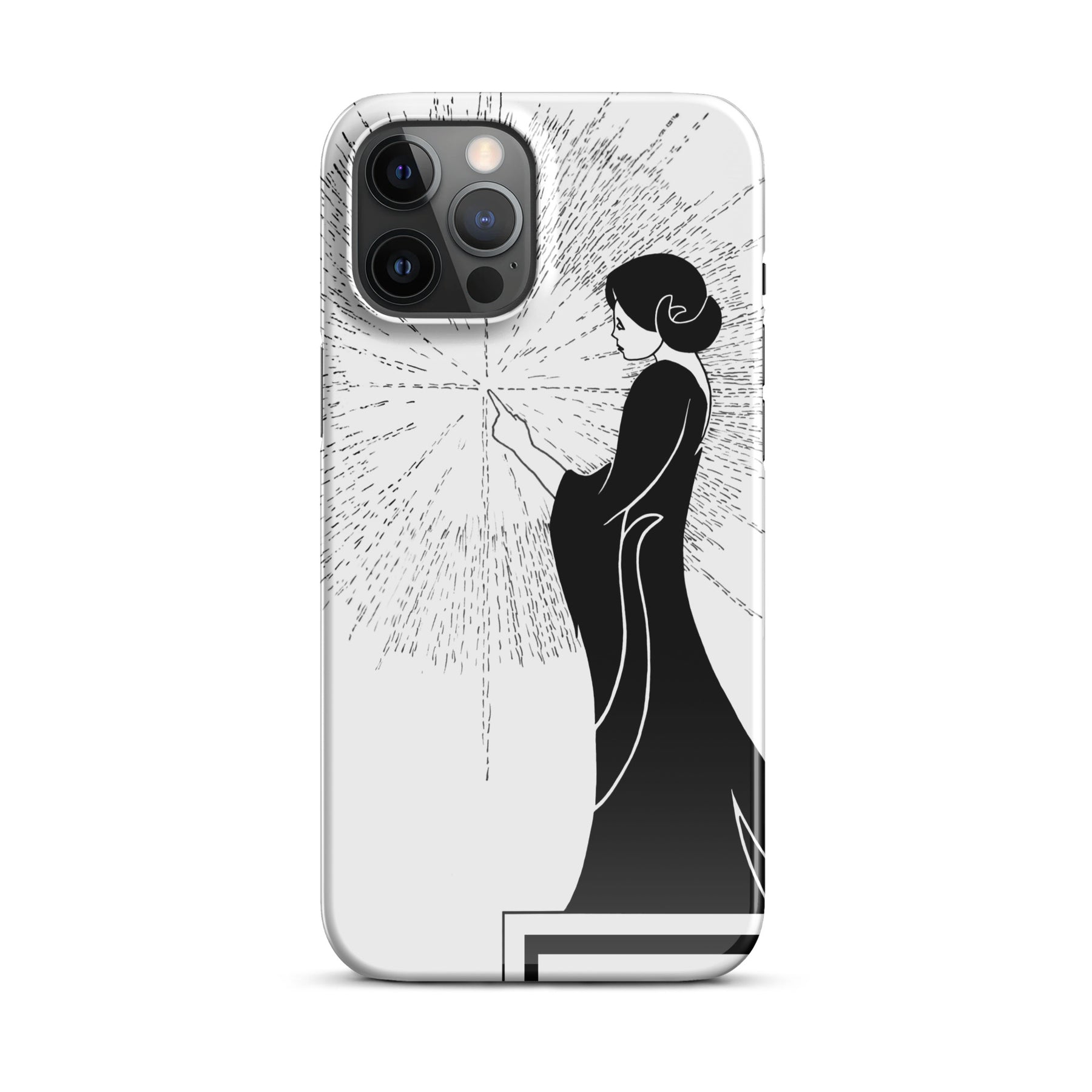 iPhone Case with an ink drawing of a woman touching the spark of creation in an Art Deco style