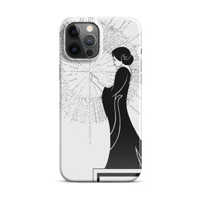 iPhone Case with an ink drawing of a woman touching the spark of creation in an Art Deco style