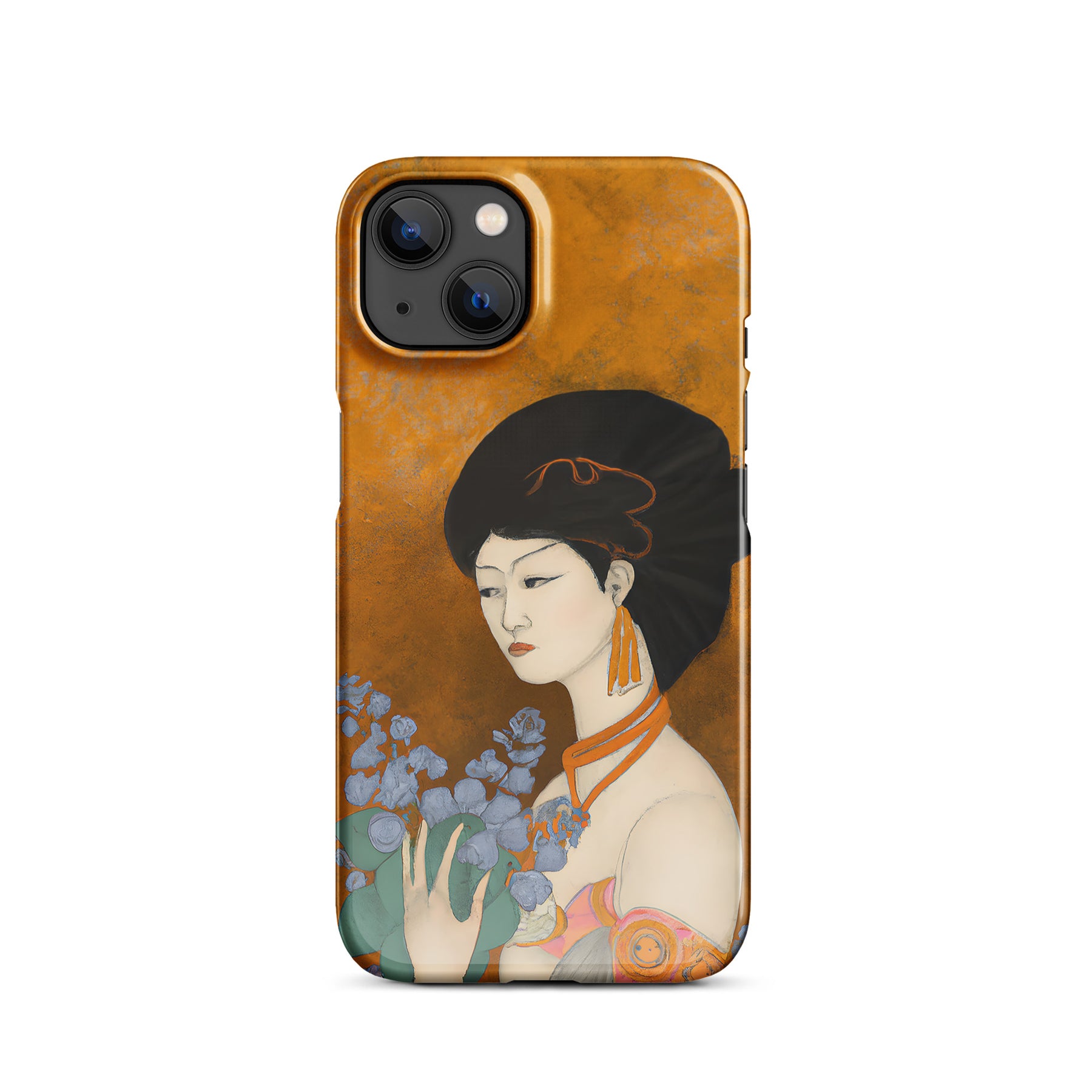 iPhone case with a painted image of a Geisha holding some violets 