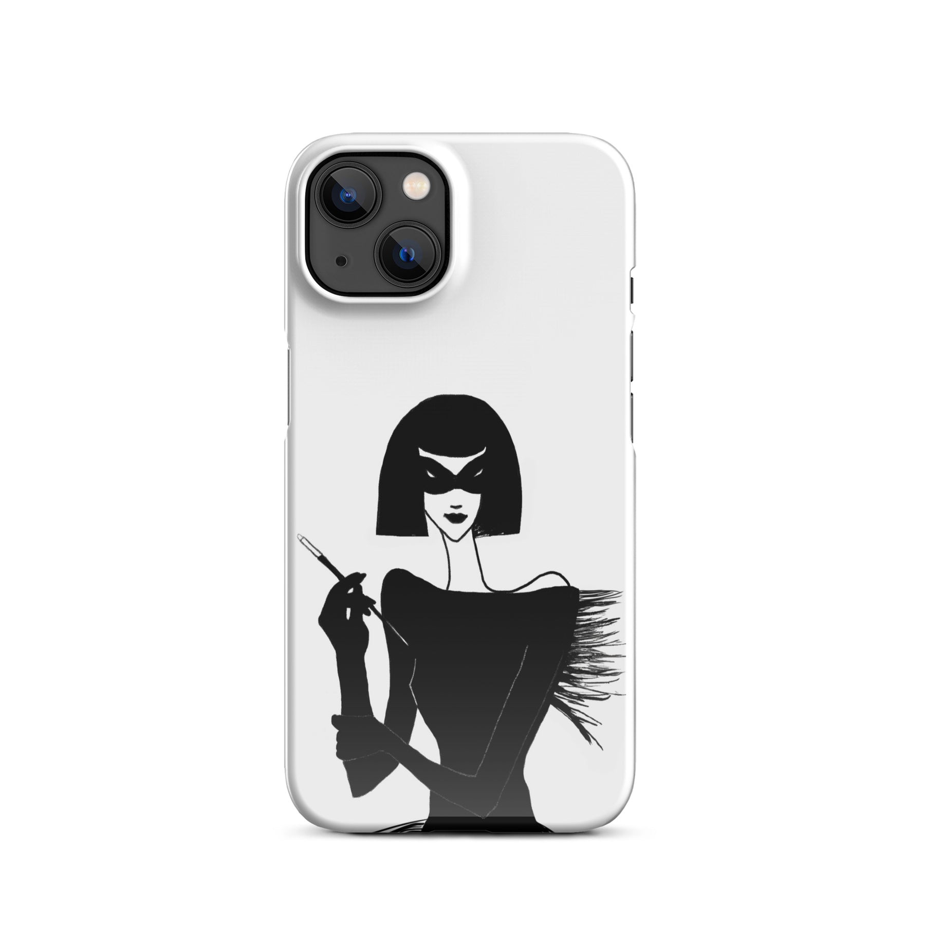 iPhone case with an ink drawing of a 1920's woman in a mask and holding a long cigarette