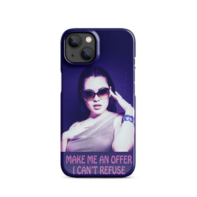 iPhone case with a purple wrap and an image of a young woman in sunglasses. There is pink text that reads Make Me An Offer I Can't Refuse