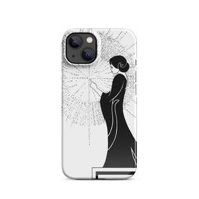 iPhone Case with an ink drawing of a woman touching the spark of creation in an Art Deco style