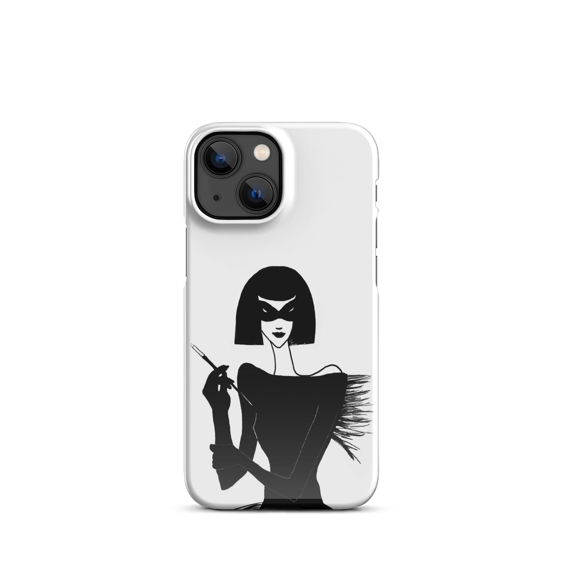 iPhone case with an ink drawing of a 1920's woman in a mask and holding a long cigarette