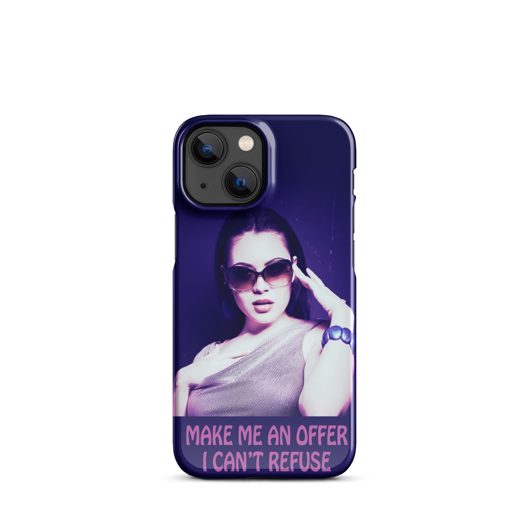 iPhone case with a purple wrap and an image of a young woman in sunglasses. There is pink text that reads Make Me An Offer I Can't Refuse