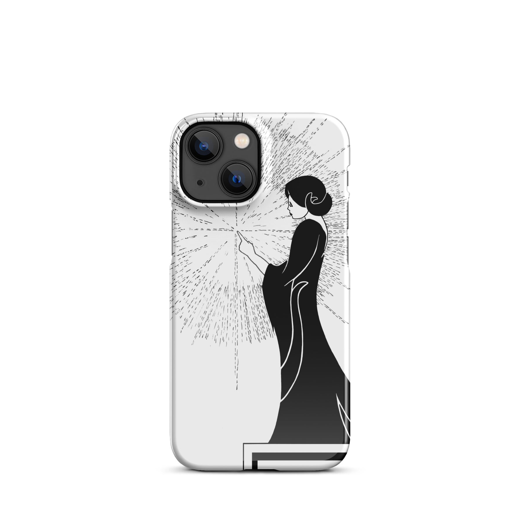 iPhone Case with an ink drawing of a woman touching the spark of creation in an Art Deco style