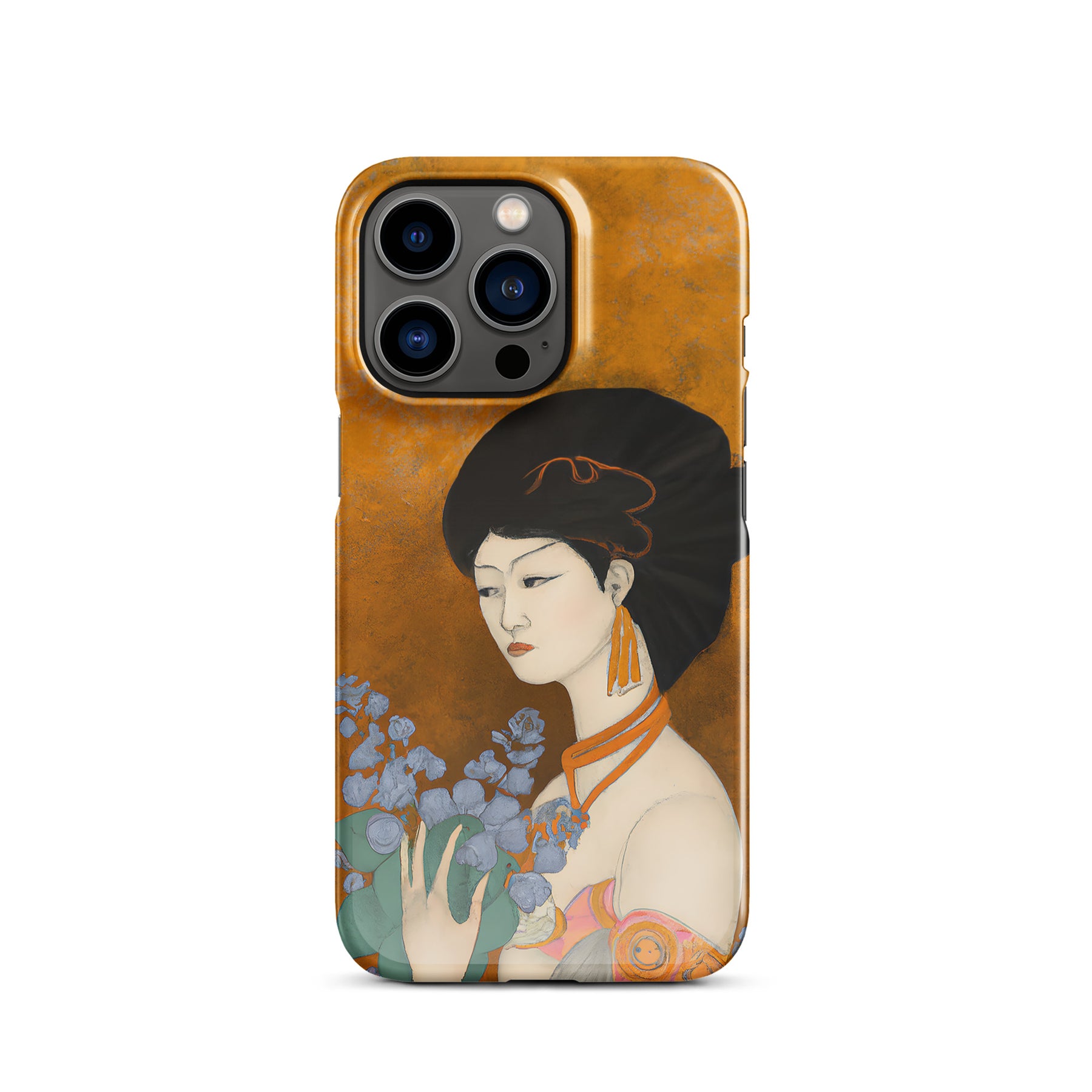 iPhone case with a painted image of a Geisha holding some violets 