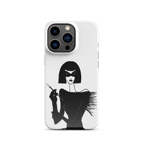 iPhone case with an ink drawing of a 1920's woman in a mask and holding a long cigarette