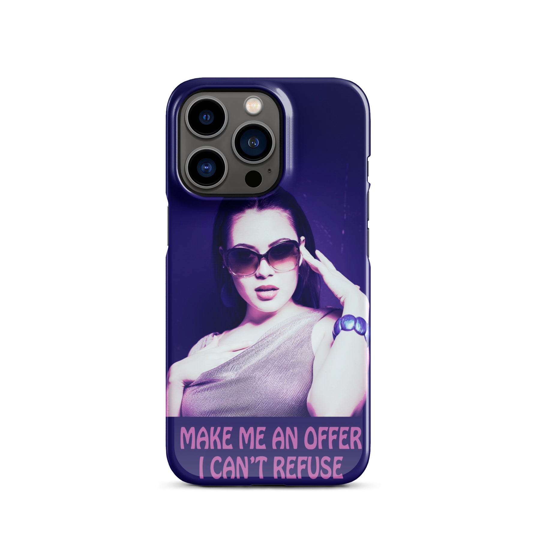 iPhone case with a purple wrap and an image of a young woman in sunglasses. There is pink text that reads Make Me An Offer I Can't Refuse