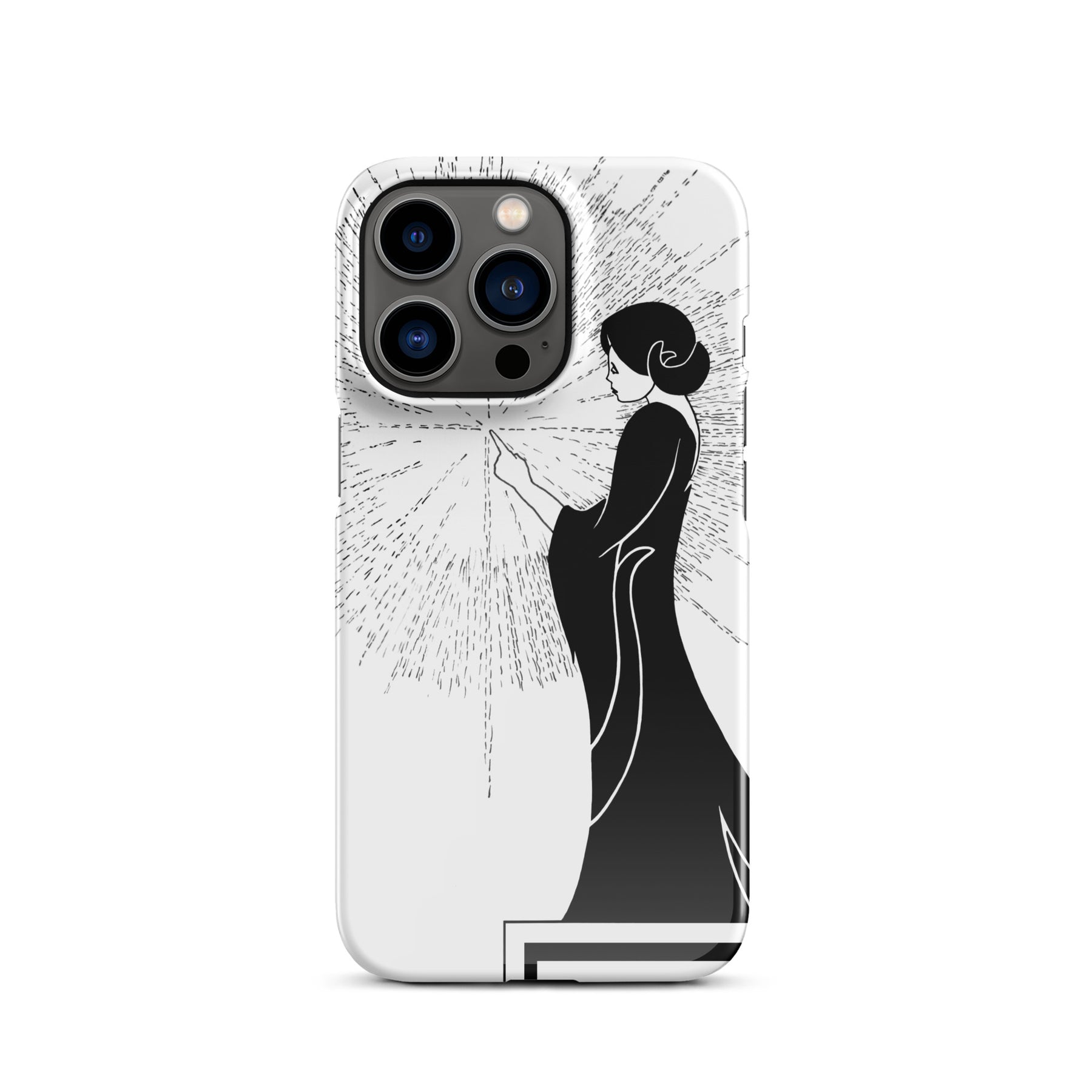 iPhone Case with an ink drawing of a woman touching the spark of creation in an Art Deco style