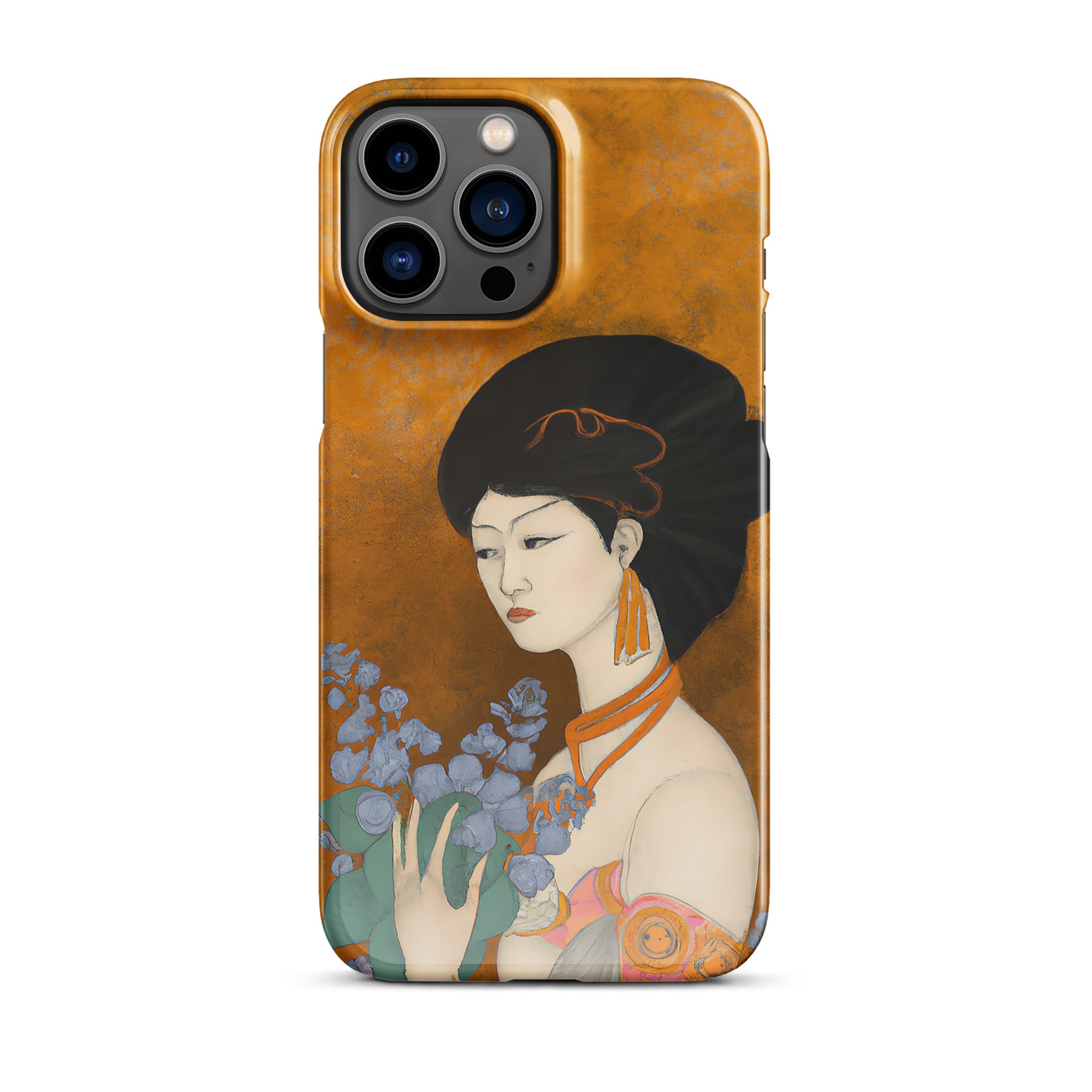 iPhone case with a painted image of a Geisha holding some violets 