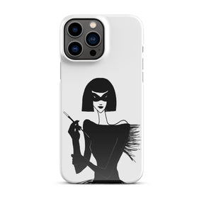 iPhone case with an ink drawing of a 1920's woman in a mask and holding a long cigarette