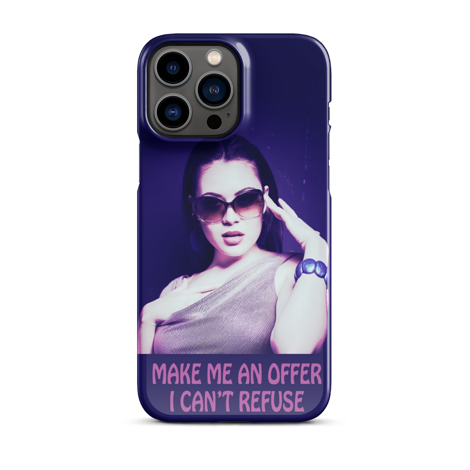 iPhone case with a purple wrap and an image of a young woman in sunglasses. There is pink text that reads Make Me An Offer I Can't Refuse