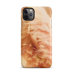 iPhone case with a fine art print of a young blonde girl holding pink fluffy plumes