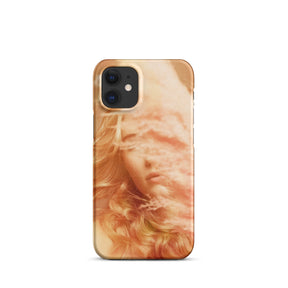 iPhone case with a fine art print of a young blonde girl holding pink fluffy plumes