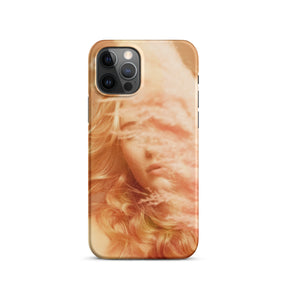 iPhone case with a fine art print of a young blonde girl holding pink fluffy plumes