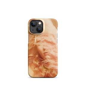 iPhone case with a fine art print of a young blonde girl holding pink fluffy plumes