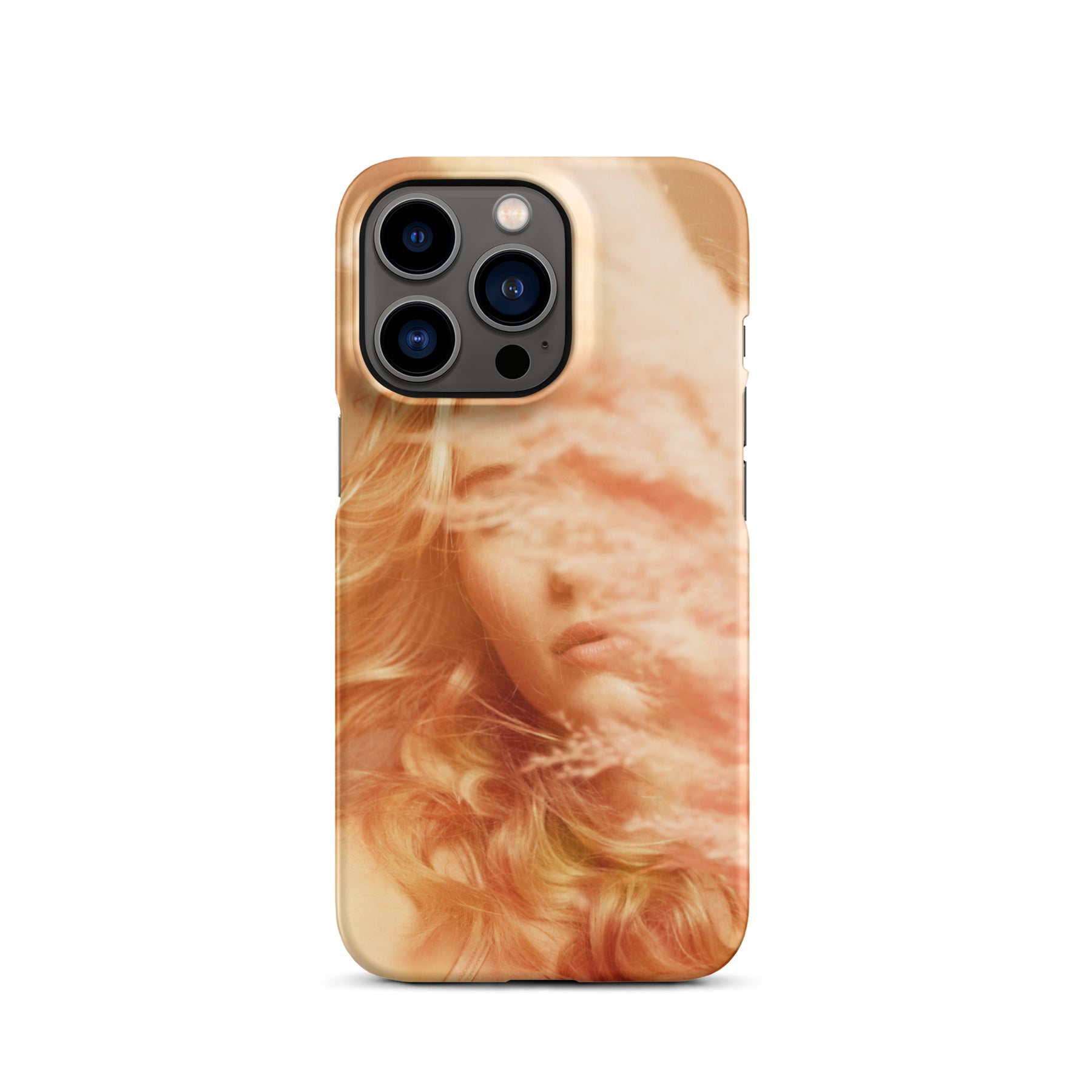 iPhone case with a fine art print of a young blonde girl holding pink fluffy plumes