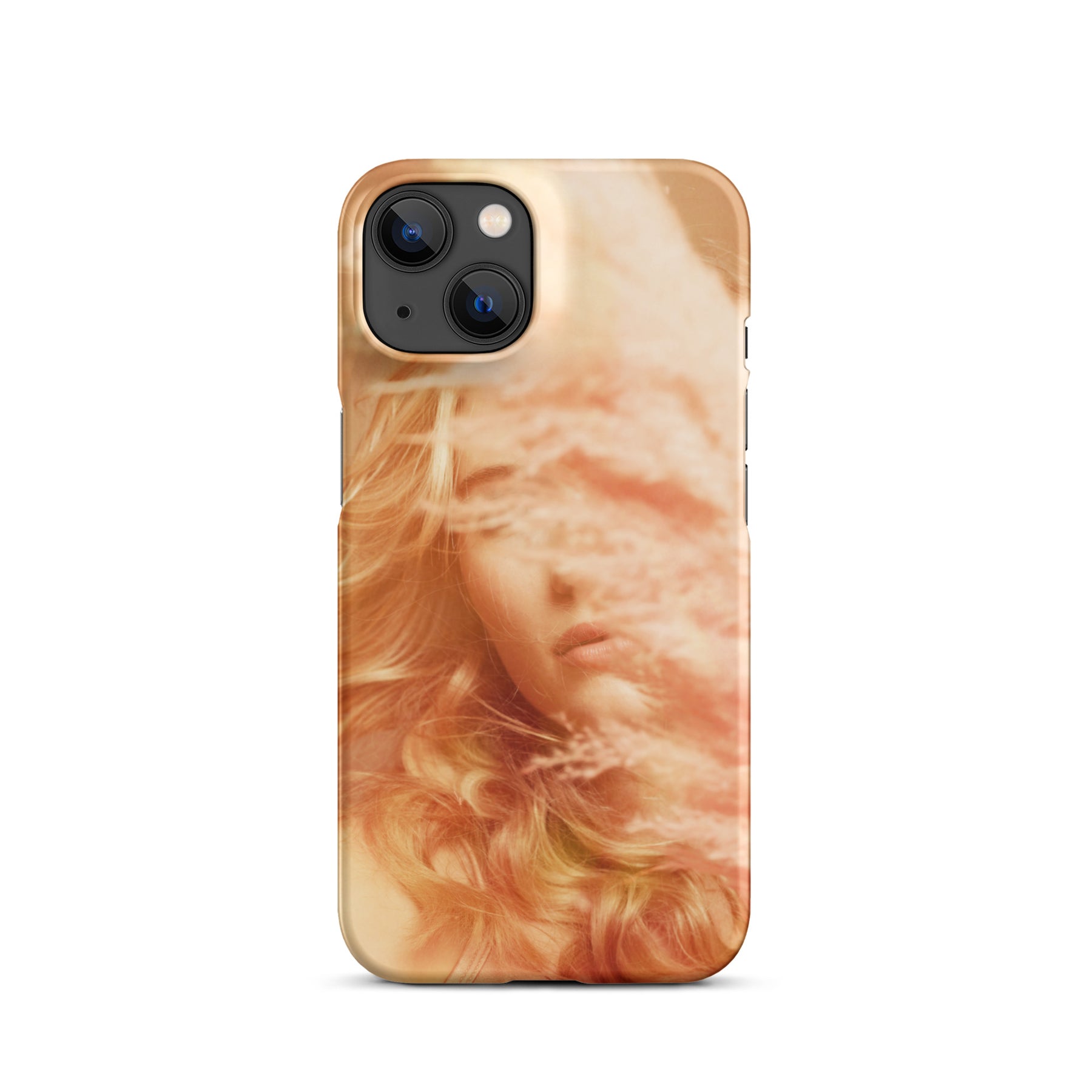 iPhone case with a fine art print of a young blonde girl holding pink fluffy plumes