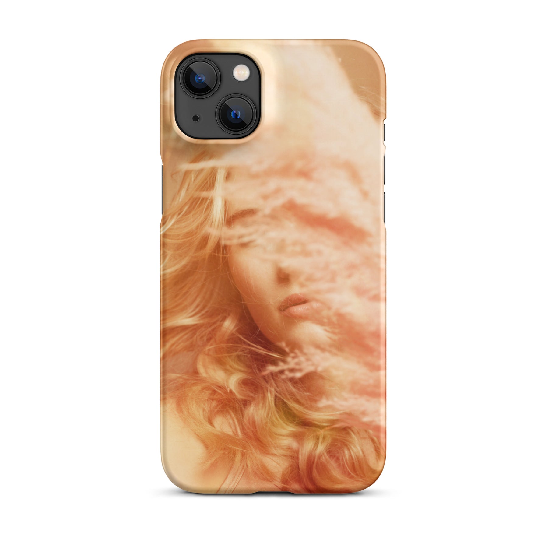 iPhone case with a fine art print of a young blonde girl holding pink fluffy plumes