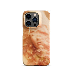 iPhone case with a fine art print of a young blonde girl holding pink fluffy plumes