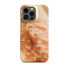 iPhone case with a fine art print of a young blonde girl holding pink fluffy plumes