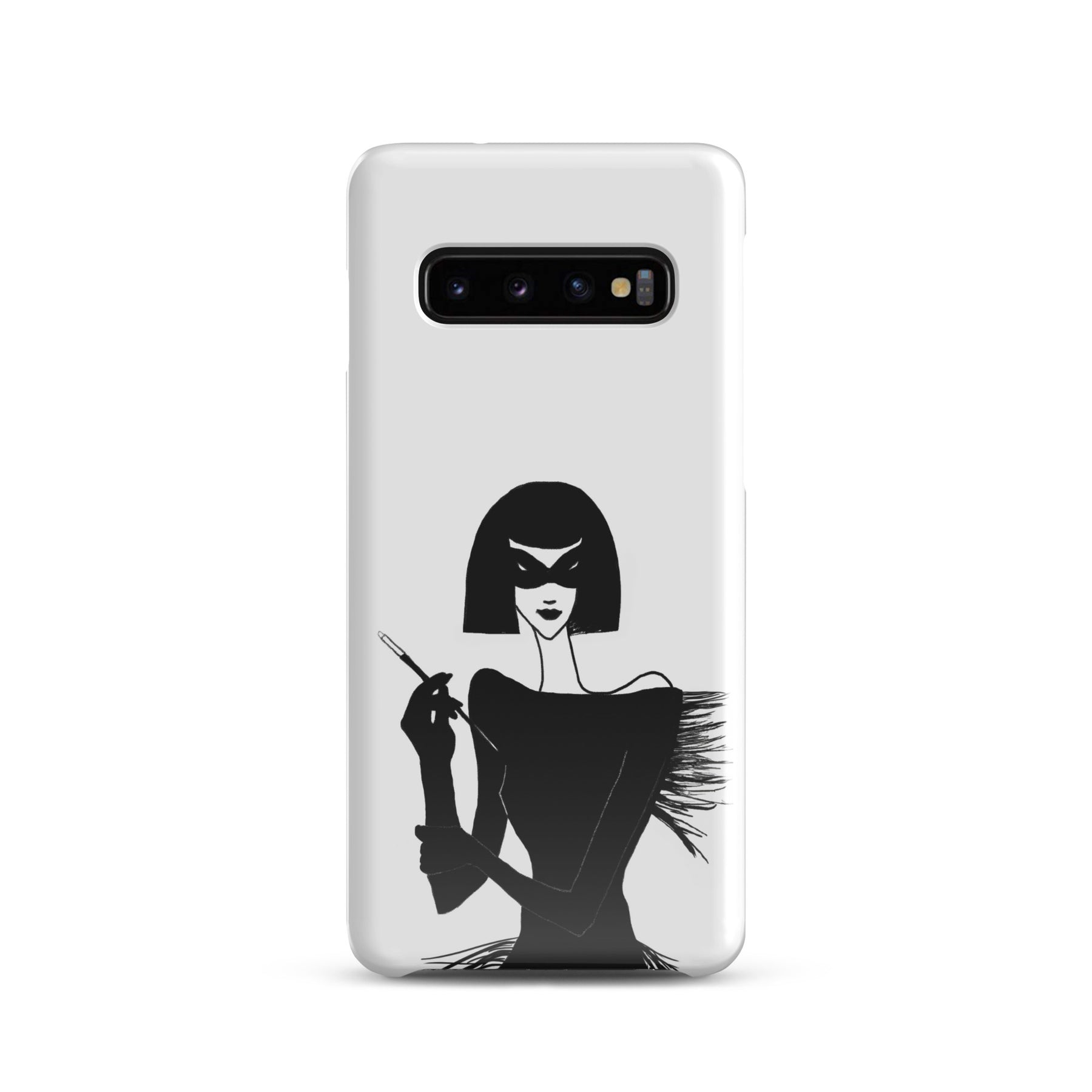 Samsung Phone case with an ink drawing of a 1920's woman in a mask and holding a long cigarette