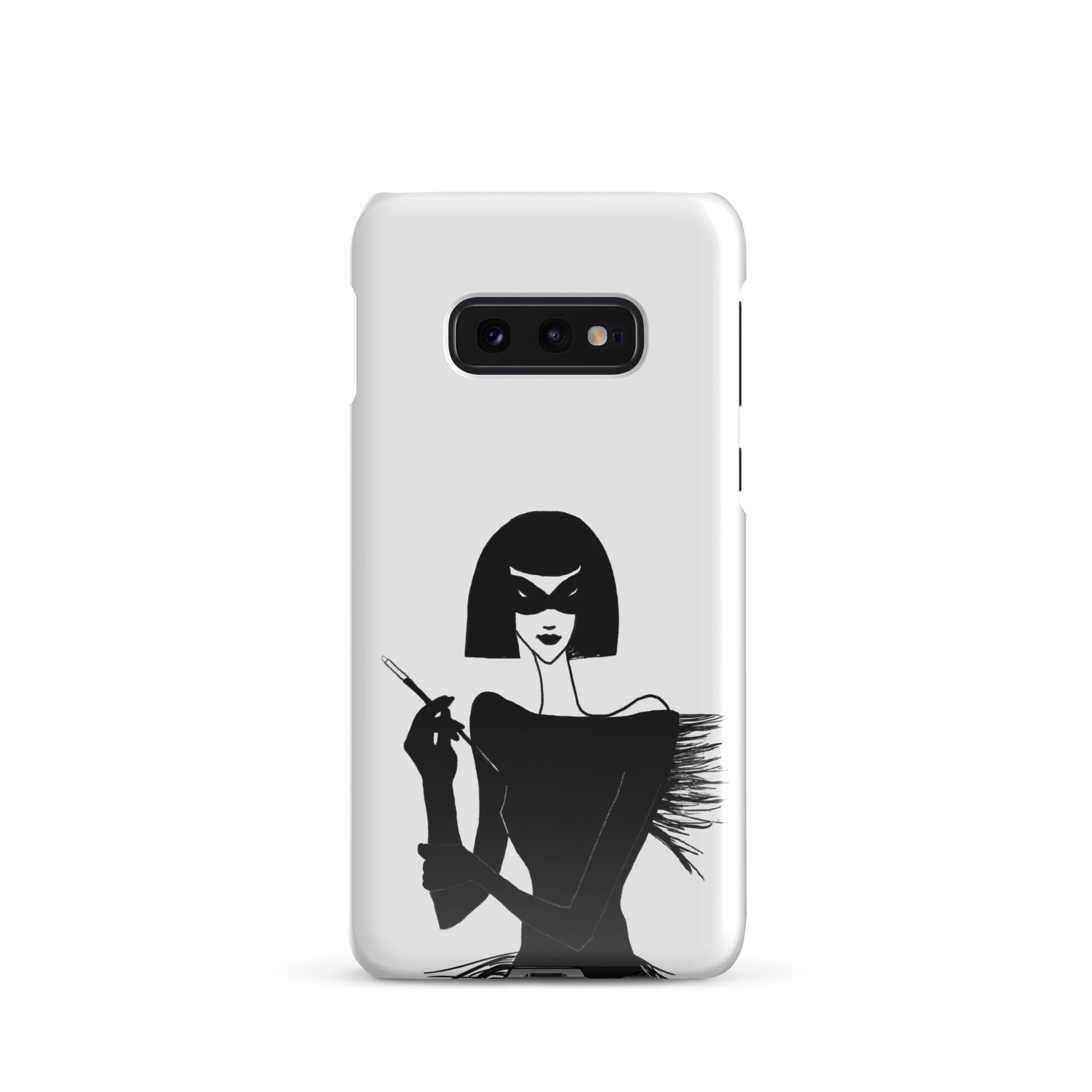 Samsung Phone case with an ink drawing of a 1920's woman in a mask and holding a long cigarette