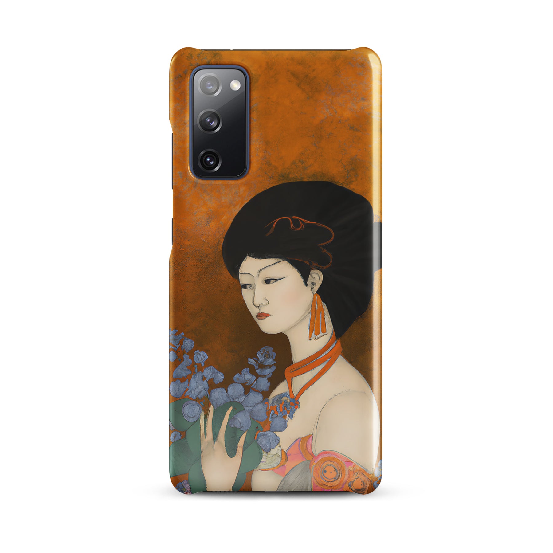  Samsung Phone case with a painted image of a Geisha holding some violets 