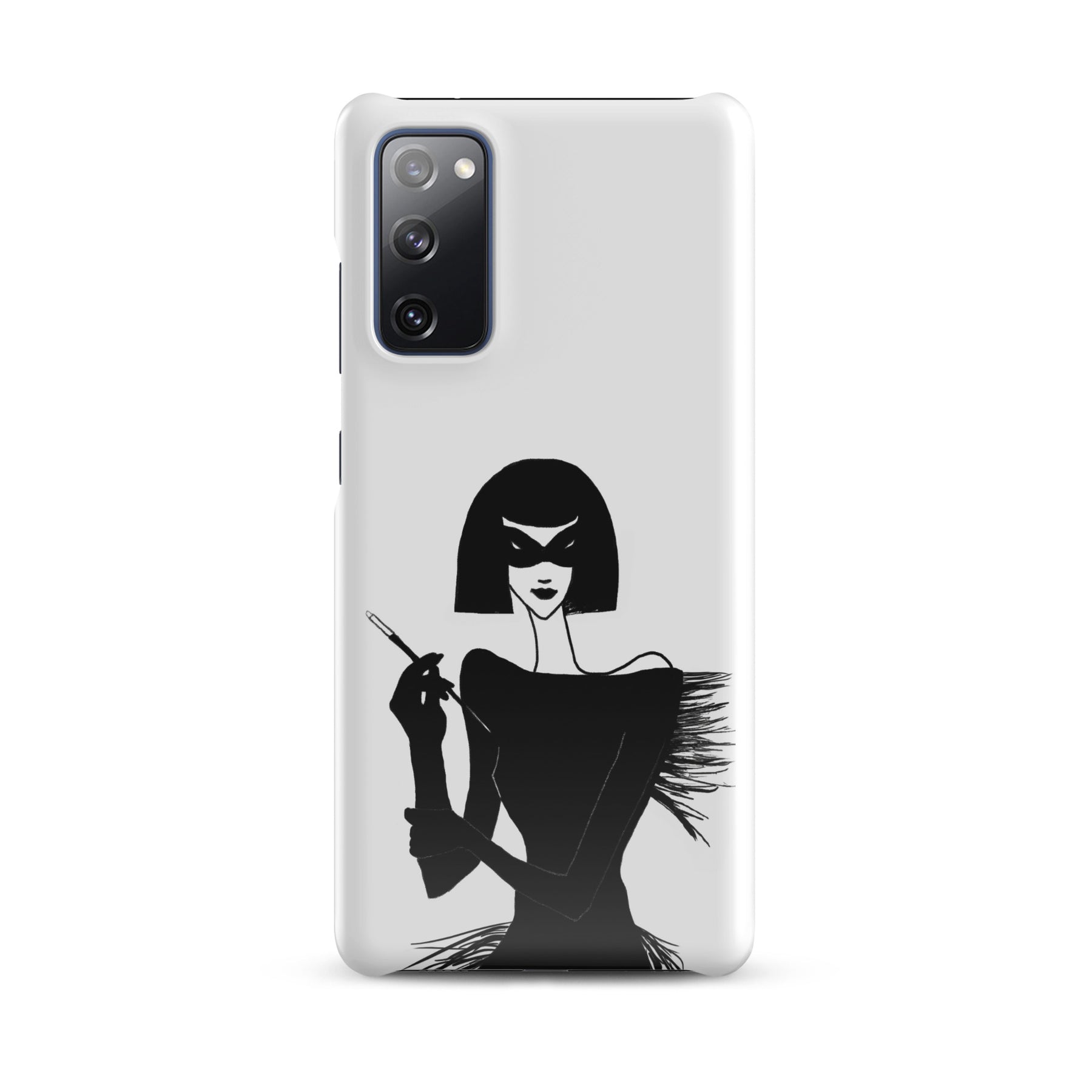 Samsung Phone case with an ink drawing of a 1920's woman in a mask and holding a long cigarette