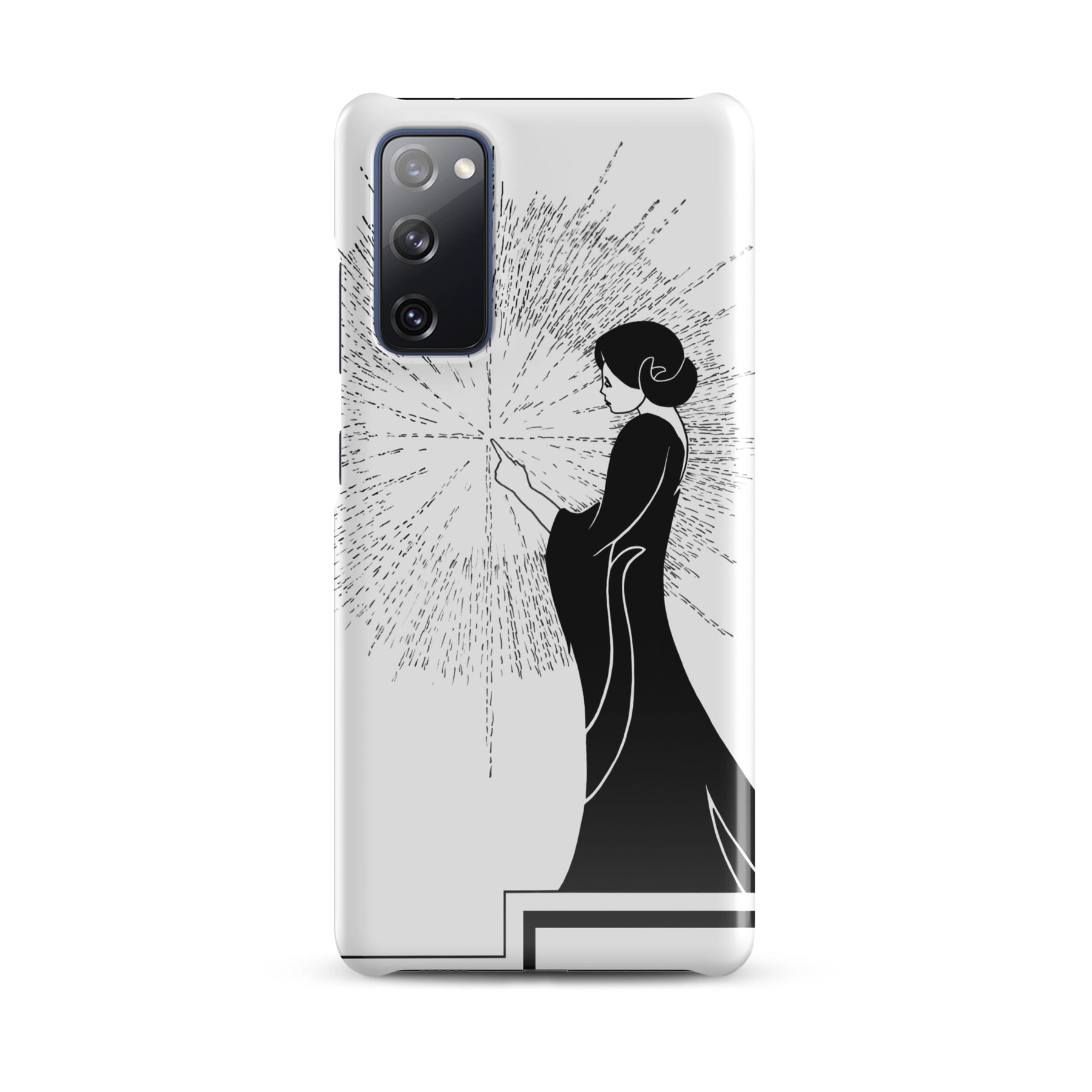 Samsung Phone Case with an ink drawing of a woman touching the spark of creation in an Art Deco style