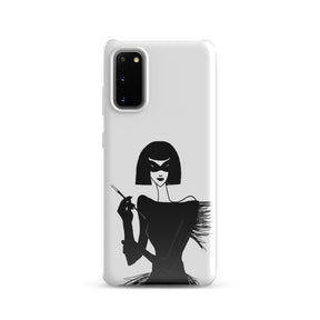 Samsung Phone case with an ink drawing of a 1920's woman in a mask and holding a long cigarette