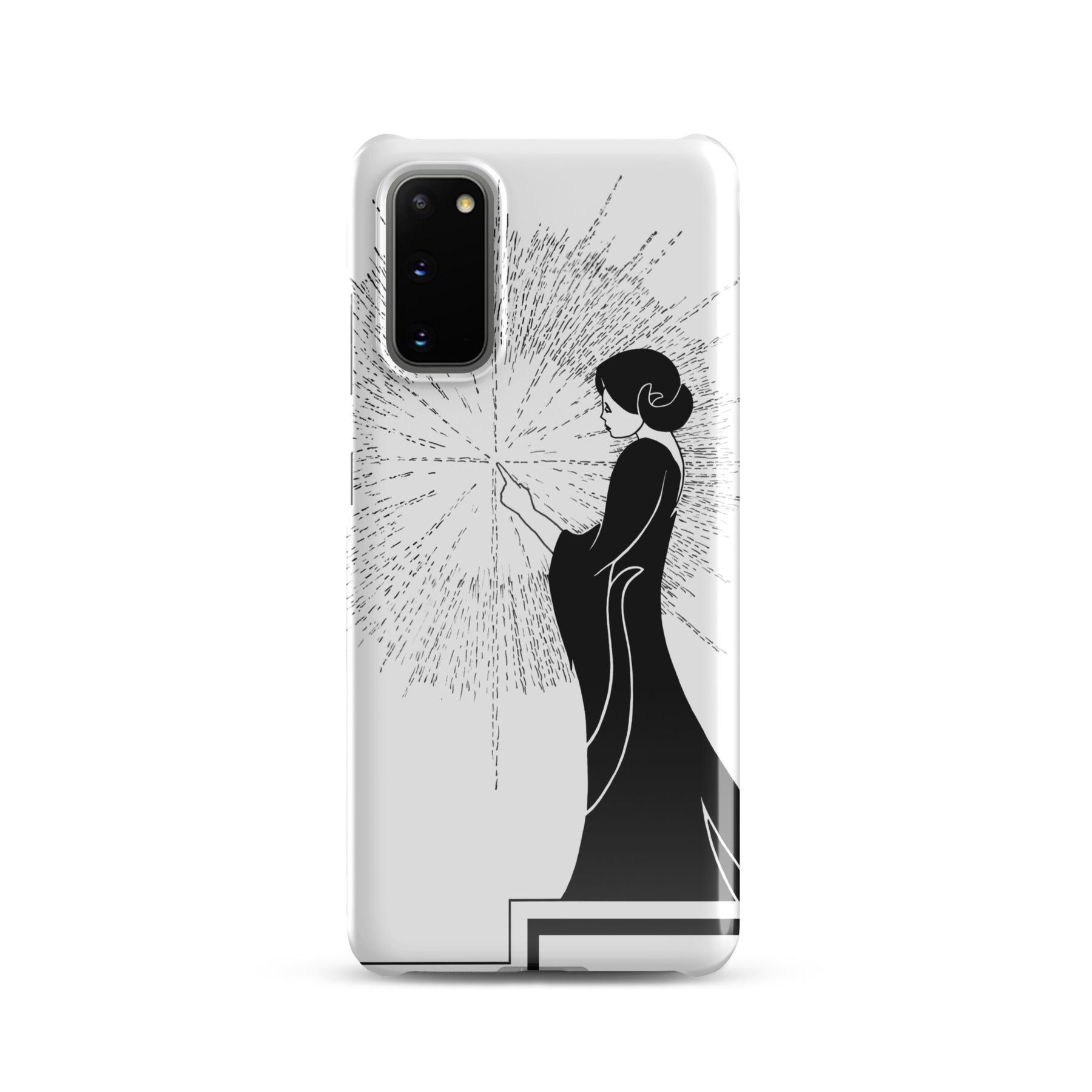 Samsung Phone Case with an ink drawing of a woman touching the spark of creation in an Art Deco style