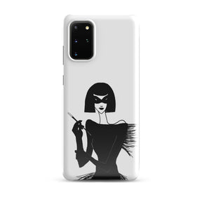 Samsung Phone case with an ink drawing of a 1920's woman in a mask and holding a long cigarette