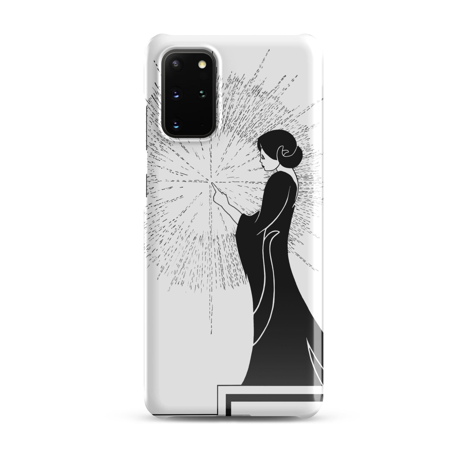 Samsung Phone Case with an ink drawing of a woman touching the spark of creation in an Art Deco style