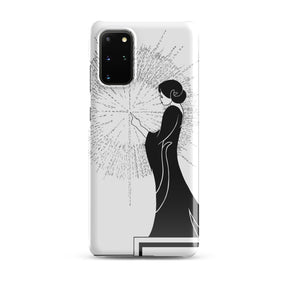 Samsung Phone Case with an ink drawing of a woman touching the spark of creation in an Art Deco style