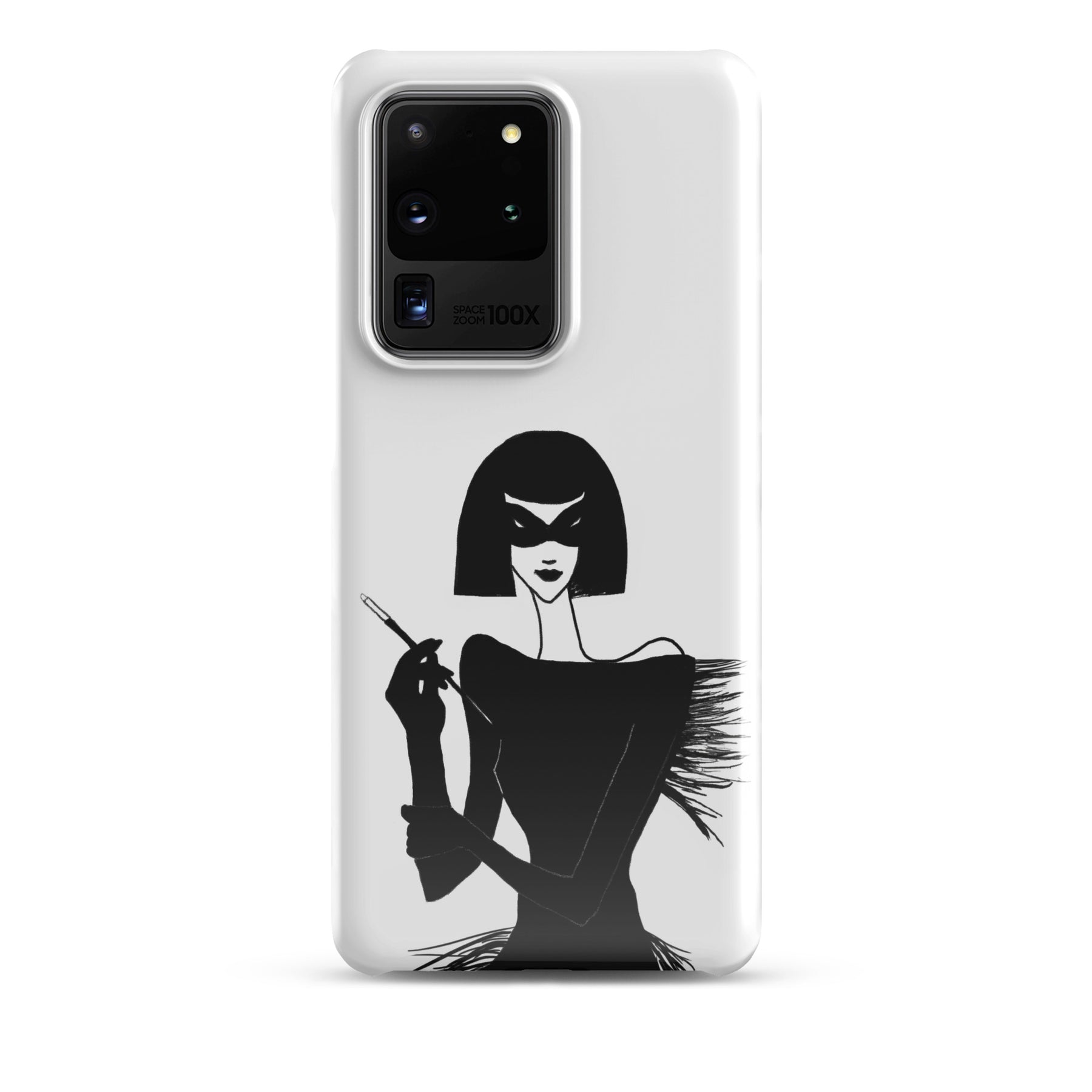 Samsung Phone case with an ink drawing of a 1920's woman in a mask and holding a long cigarette