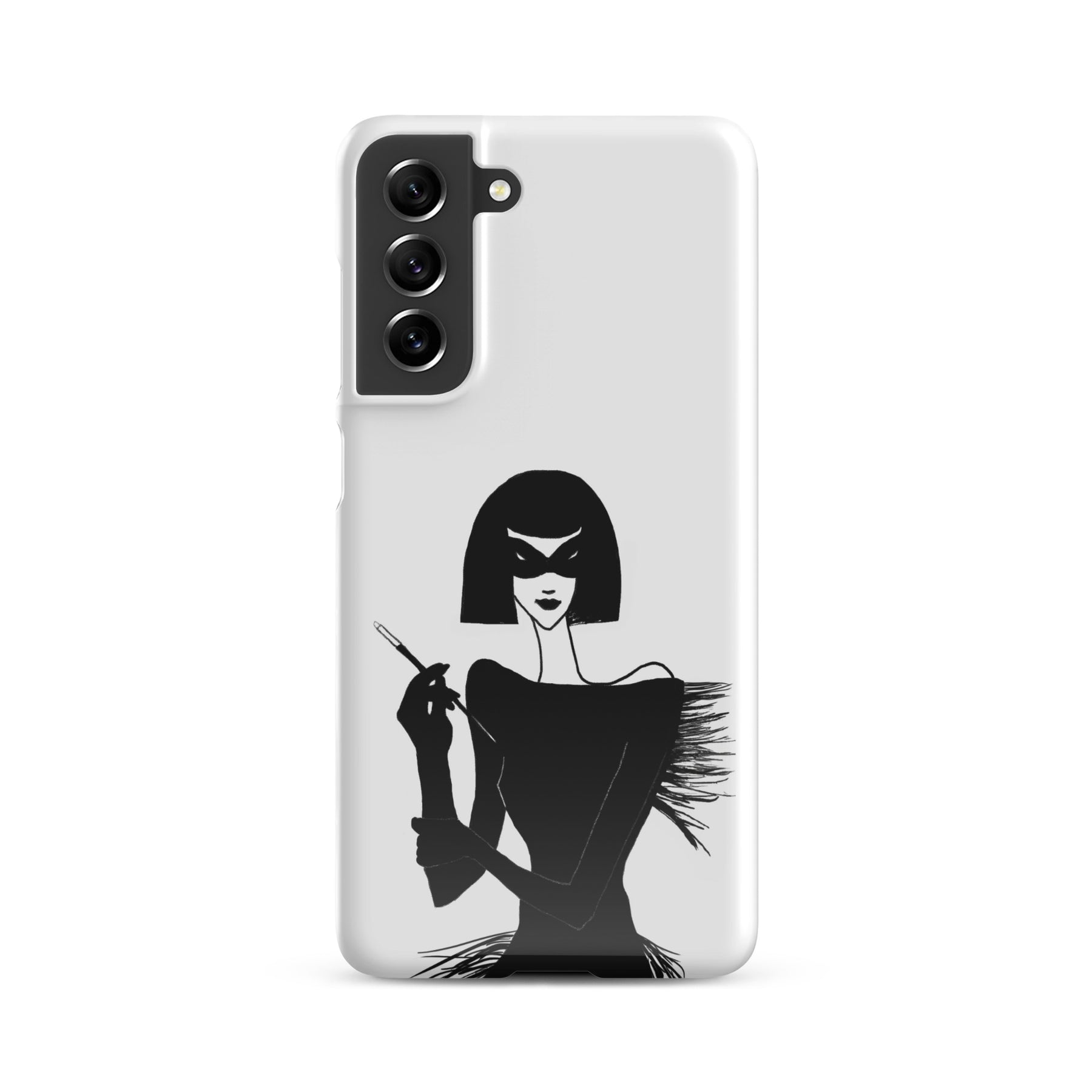 Samsung Phone case with an ink drawing of a 1920's woman in a mask and holding a long cigarette