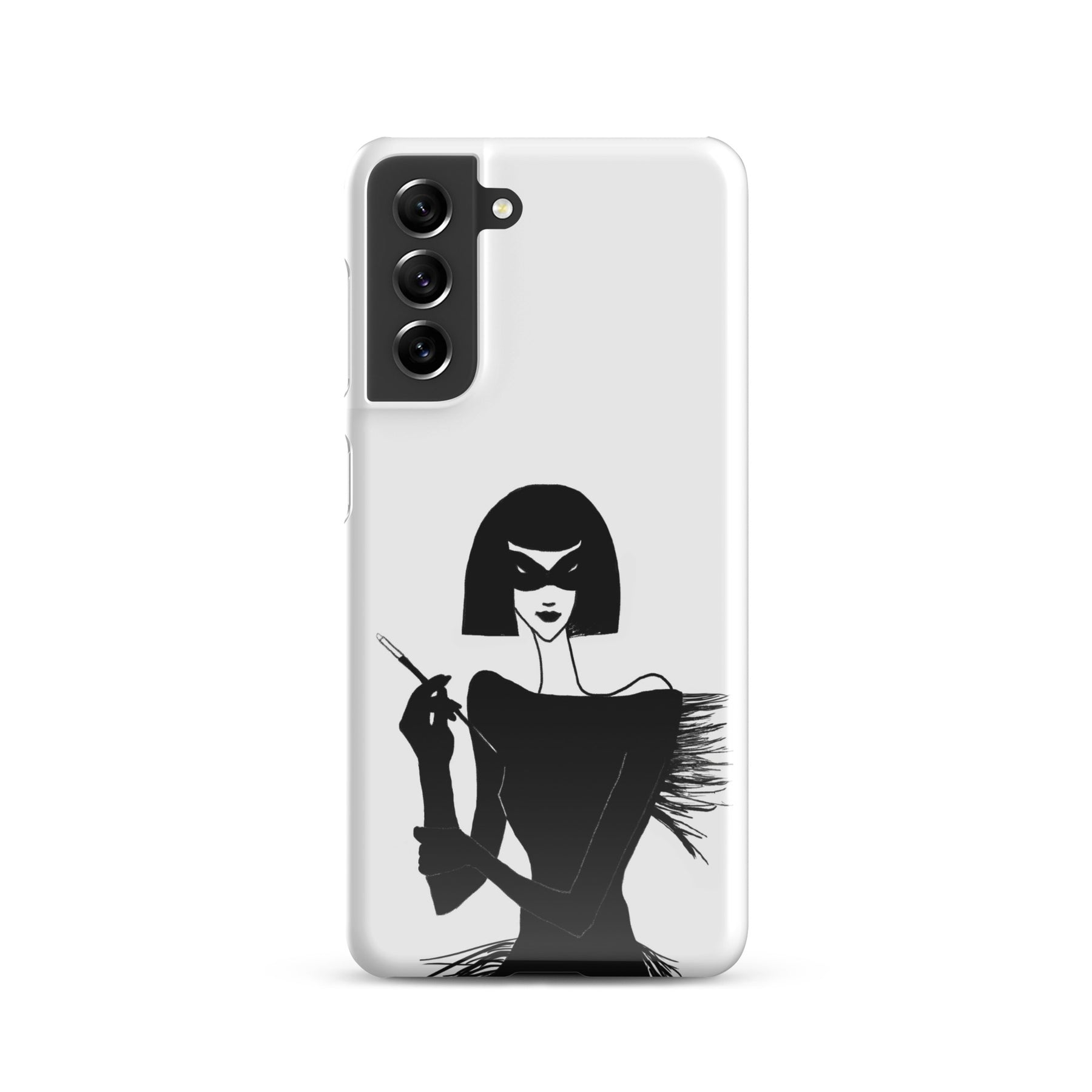 Samsung Phone case with an ink drawing of a 1920's woman in a mask and holding a long cigarette