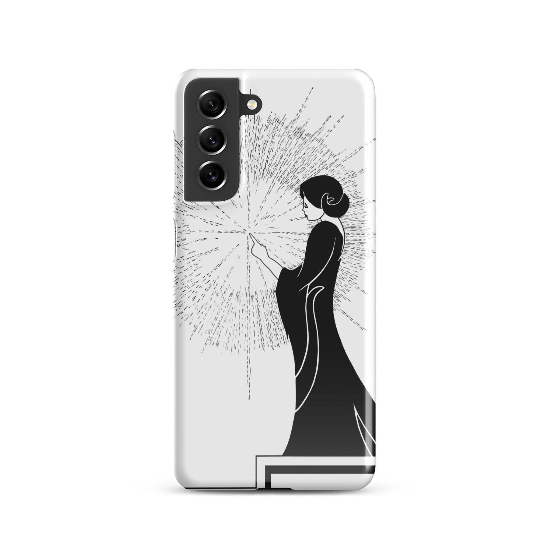 Samsung Phone Case with an ink drawing of a woman touching the spark of creation in an Art Deco style