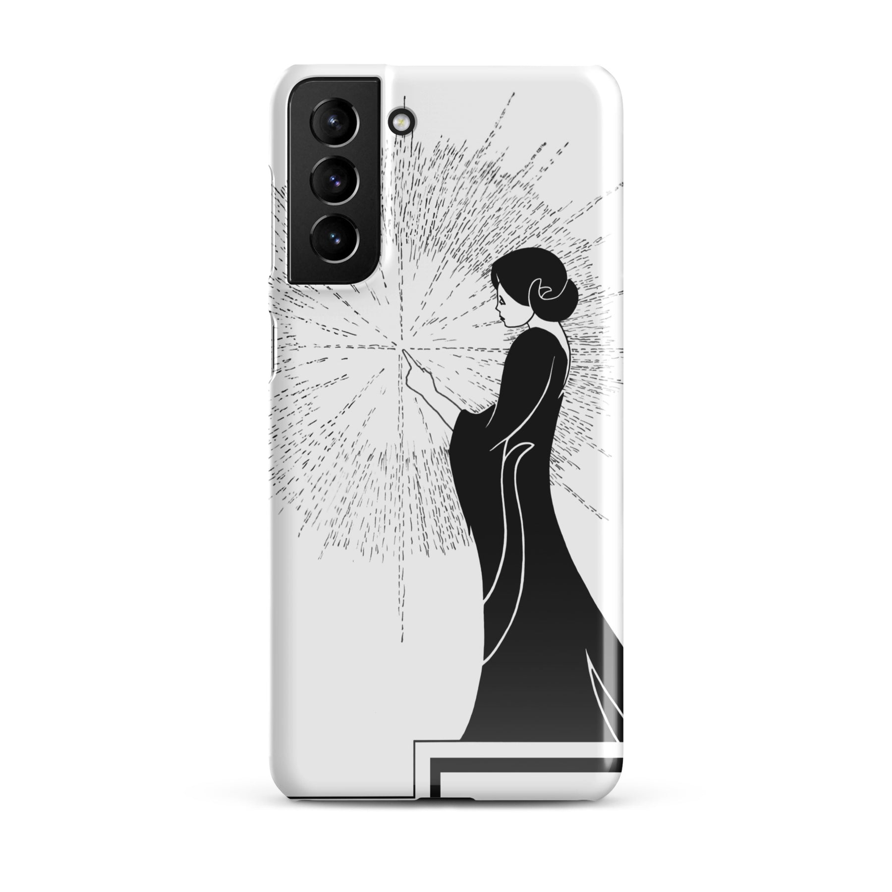 Samsung Phone Case with an ink drawing of a woman touching the spark of creation in an Art Deco style