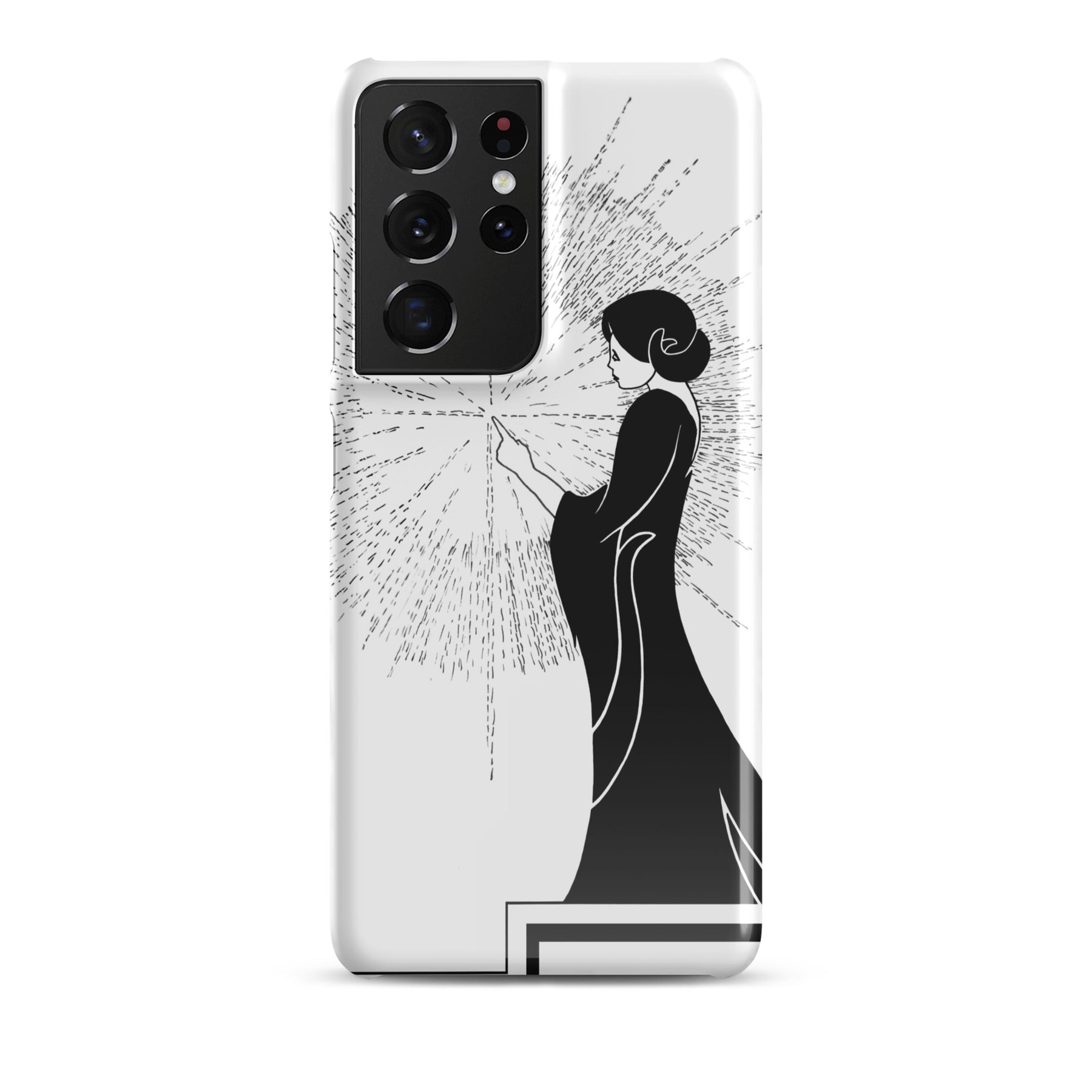 Samsung Phone Case with an ink drawing of a woman touching the spark of creation in an Art Deco style