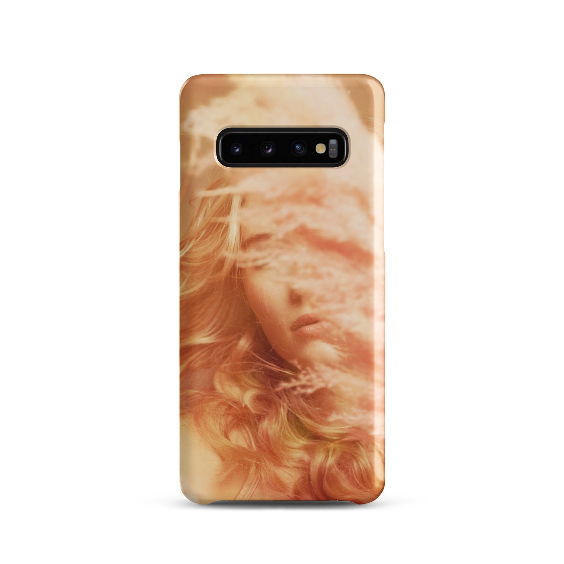 Samsung phone case with a fine art print of a young blonde girl holding pink fluffy plumes