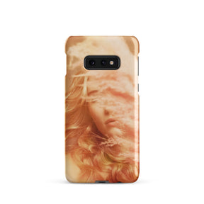 Samsung phone case with a fine art print of a young blonde girl holding pink fluffy plumes